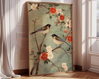 Chinoiserie Wall Art Birds Floral - Nieoprawiony plakat Premium Matte Print