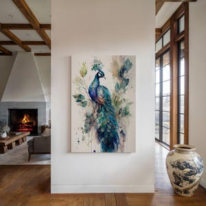 Peacock Watercolor Painting Print - Feng Shui Art on Matte Canvas