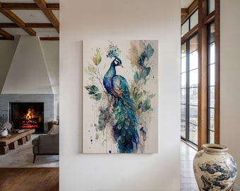 Puede incluir: Una pintura de acuarela de un pavo real con plumas azules y verdes, de pie en una rama con hojas verdes. El fondo es una acuarela de color azul claro y blanco.