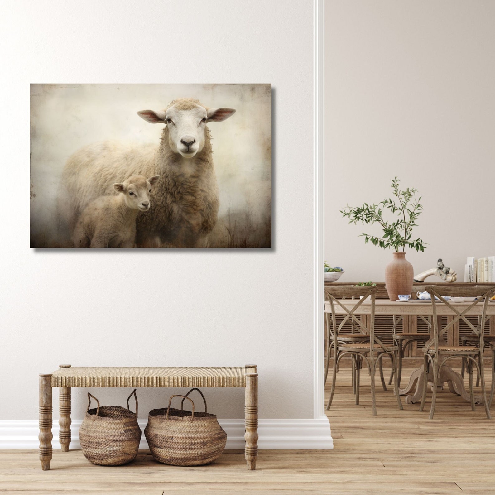 Antique Mother Sheep & Lamb | Farmhouse Animal Art Vintage Oil Painting ...