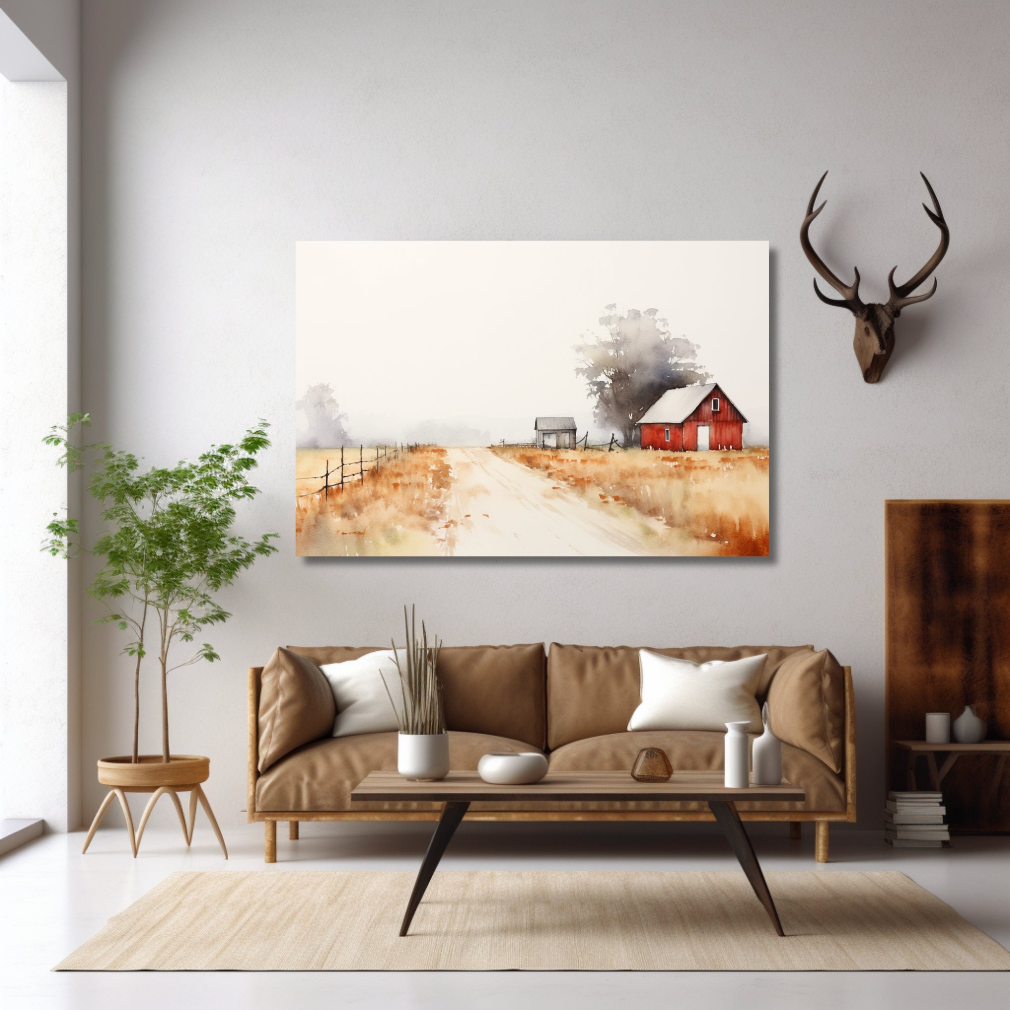 Modern Farmhouse Landscape Canvas Art Print - Watercolor Painting for ...