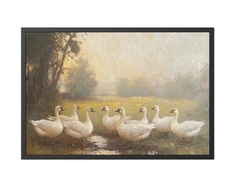 Vintage eendafdruk - ingelijste impressionistische kunst van ganzen en eenden in weide posterafdruk