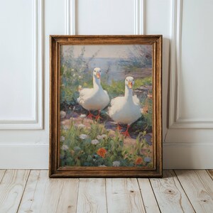 Vintage Geese Oil Painting Poster | Impressionist Field of Flowers | Nursery Wall Art Print image 2