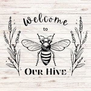 Welkom bij onze Hive-illustraties | Ontwerp met zwarte bloemen en hommels | Direct downloaden