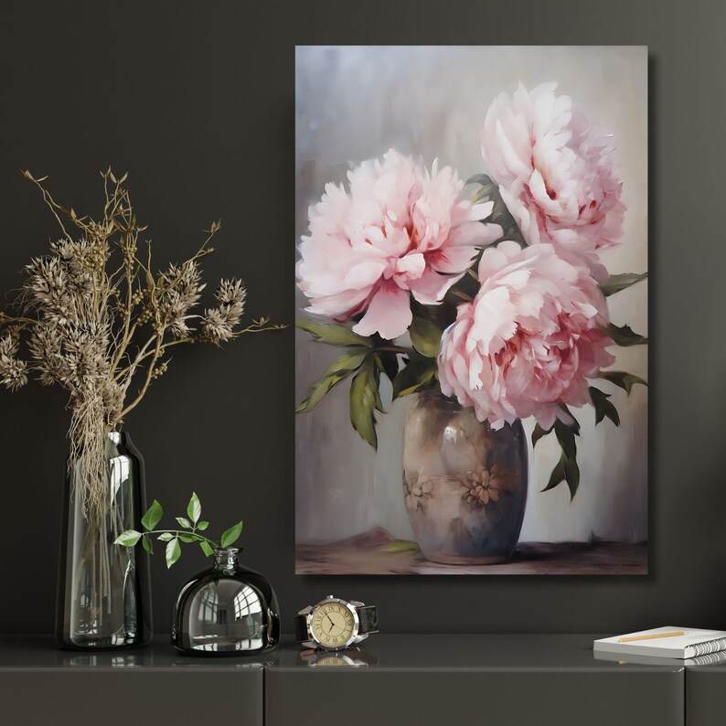 Enchanting Pink Peony Blossoms - Antique Vase Pink Peony Canvas Art ...