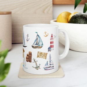 Nautical Ceramic Coffee Mug - Anchor Compass Sailboat Design - Ocean Lover Drinkware - 11 Ounce