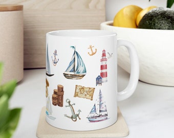 Tazza da caffè in ceramica nautica - Design con ancora, bussola e barca a vela - Stoviglie per amanti dell'oceano - 11 once