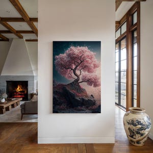 Japanese Sakura Cherry Blossom Wall Art - Pink Watercolor Landscape Canvas - Feng Shui Home Decor - Tranquil Nature Scene