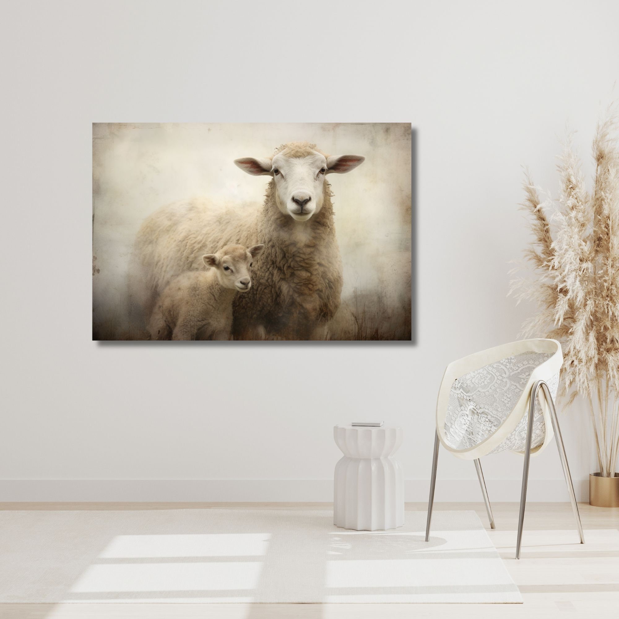 Antique Mother Sheep & Lamb | Farmhouse Animal Art Vintage Oil Painting ...