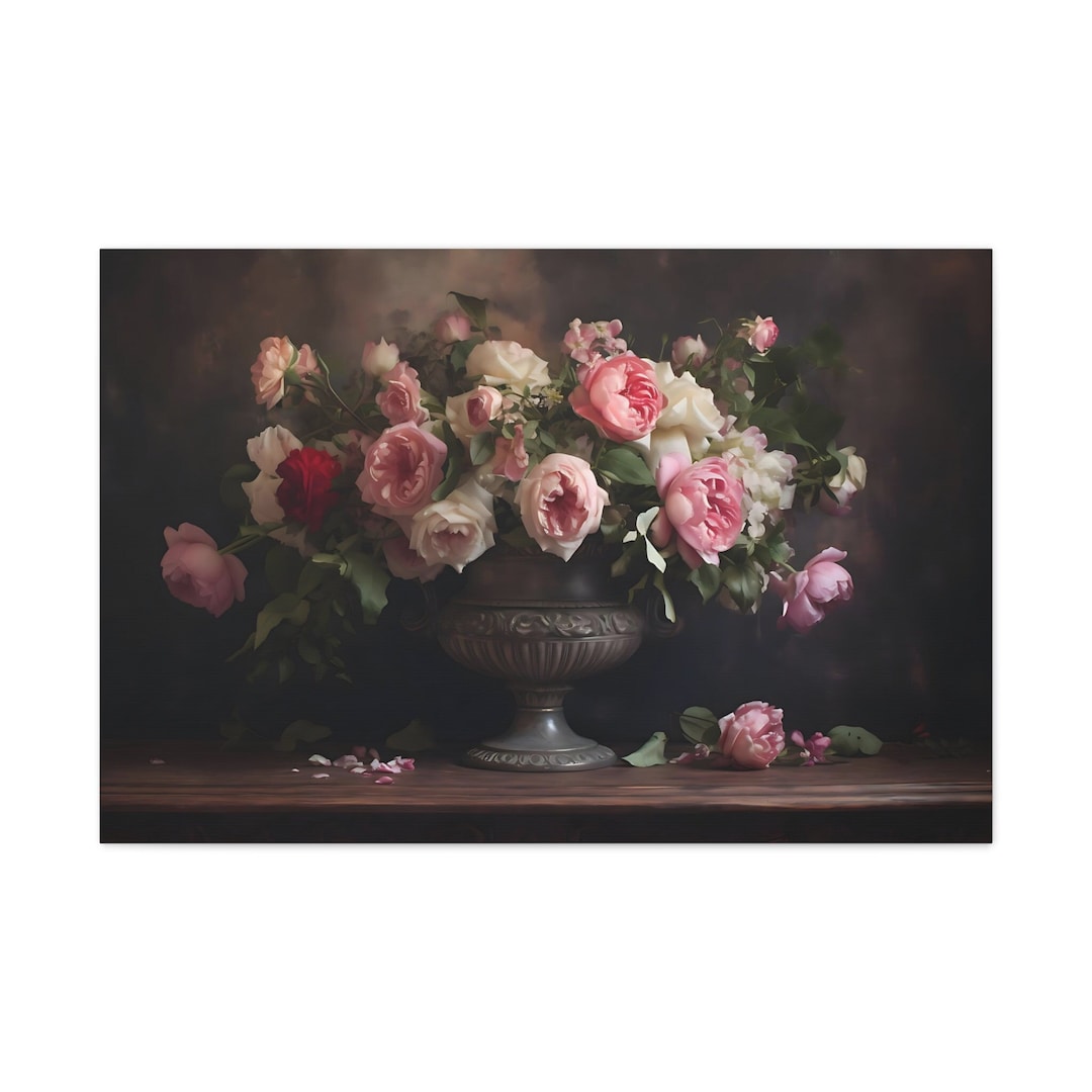 Vintage Dark Moody Victorian Still Life Pink Floral Roses Oil Painting ...