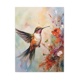 Magical Hummingbird & Vibrant Flowers - Wildlife Decor - Hummingbird Painting - Bird Art - Floral Wall Art - Canvas Print