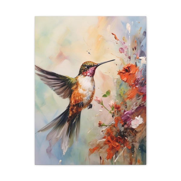 Magischer Kolibri & lebendige Blumen - Wildtier Dekor - Kolibri Malerei - Vogel Kunst - Blumen Wand Kunst - Leinwanddruck