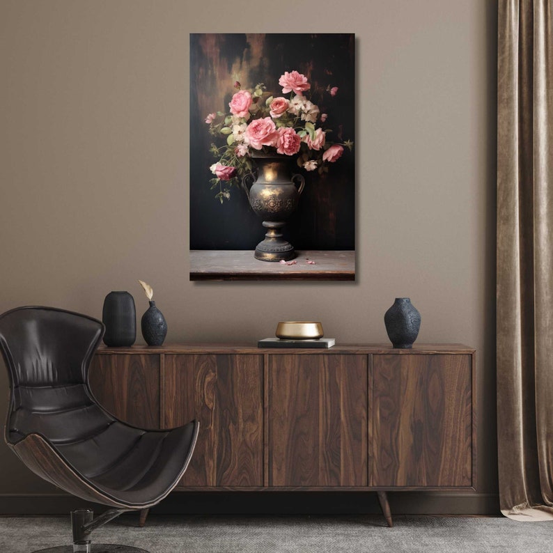 Vintage Dark Moody Victorian Still Life Pink Floral Roses Oil Painting ...