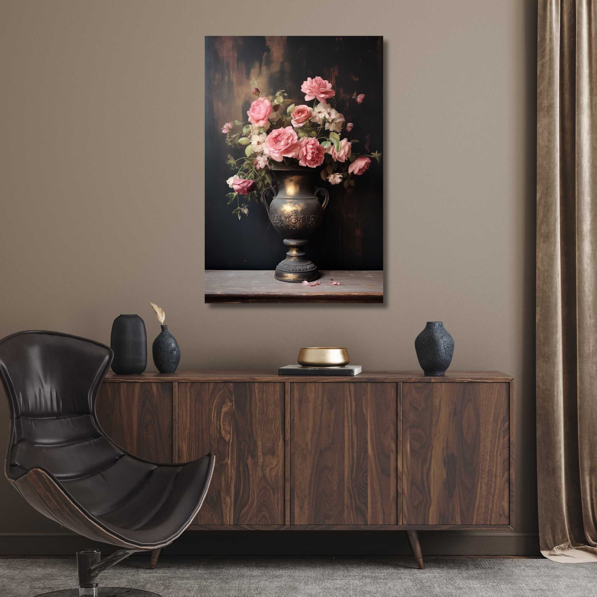 Vintage Dark Moody Victorian Still Life Pink Floral Roses Oil Painting ...