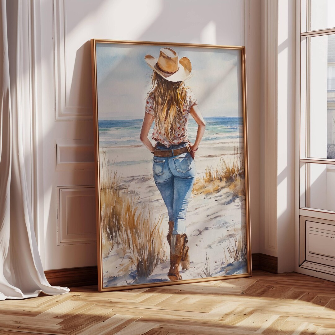 Coastal Cowgirl Wall Art - Watercolor Seaside Cowgirl - Beachy Wall Art ...