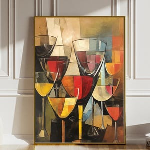Vintage Wine Glasses Cubist Oil Painting - Antique Still Life Art - Unframed Premium Matte Poster Print