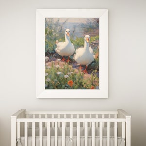 May include: A framed painting of two white ducks walking in a field of flowers. The ducks have orange beaks and feet. The flowers are white, yellow, and orange.