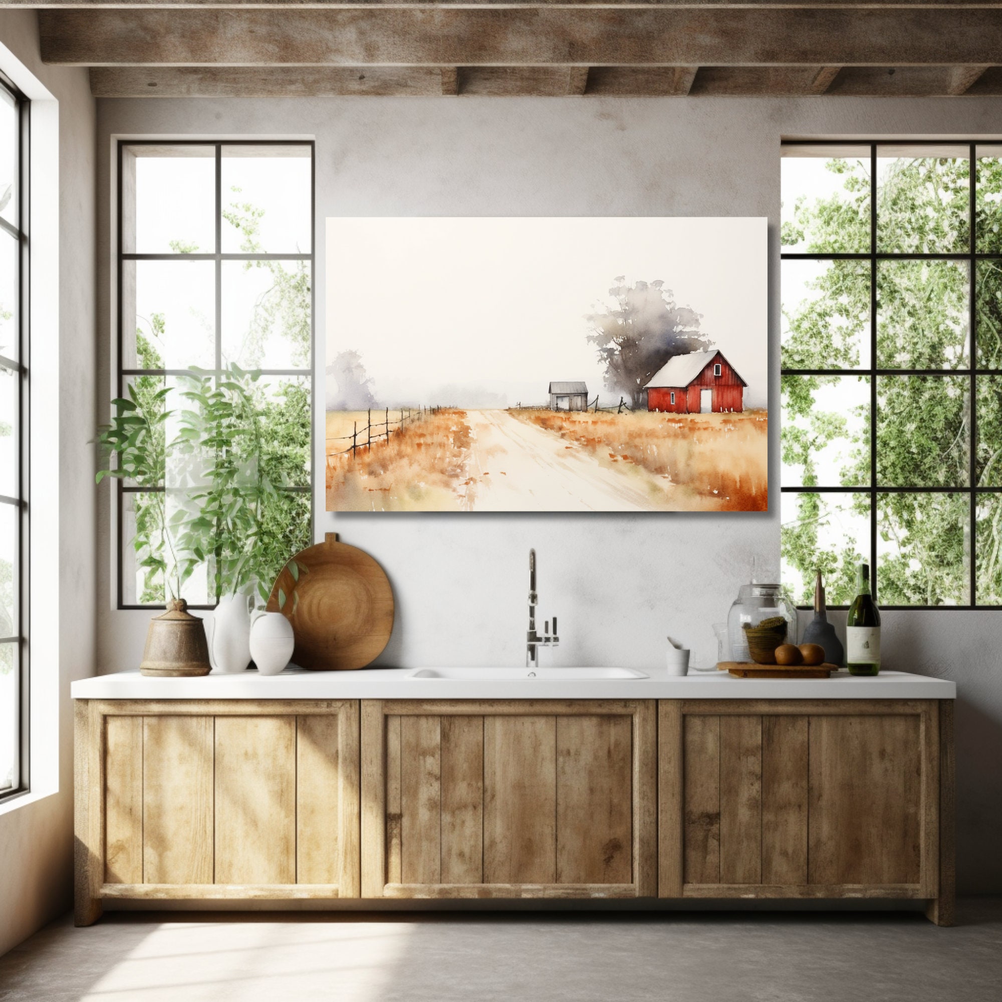 Modern Farmhouse Landscape Canvas Art Print - Watercolor Painting for ...