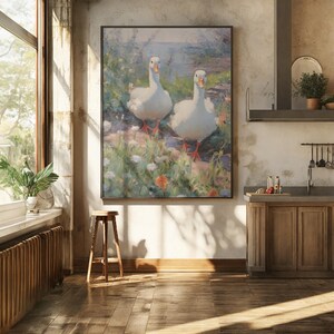May include: A painting of two white ducks walking through a field of flowers. The ducks are facing forward and have their heads tilted up. The flowers are a variety of colors, including pink, purple, and yellow. The background is a blurred image of a forest.