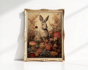 Poster rustico senza cornice con coniglio in stile cottagecore / Stampa floreale vintage / Arte murale con animali da fattoria