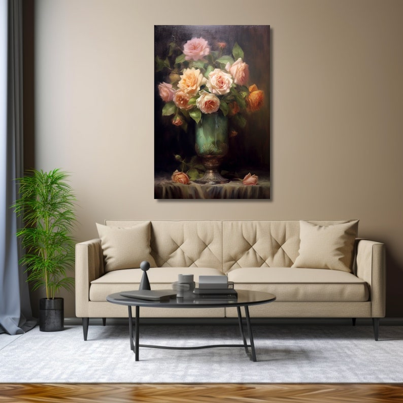 Victorian Vintage Antique Style Oil Painting of Pink Roses in a Vase ...