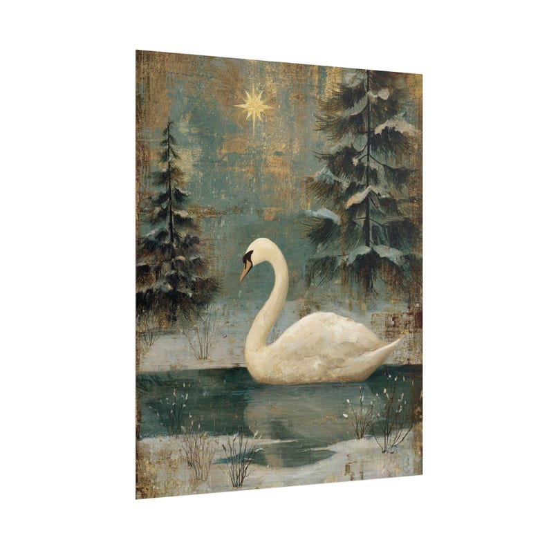 Vintage Christmas Swan Winter Holiday Wall Art Print, Rolled Poster, Antique Oil Painting Style, Snowy Scene, Unframed Decor, Frozen Lake image 8