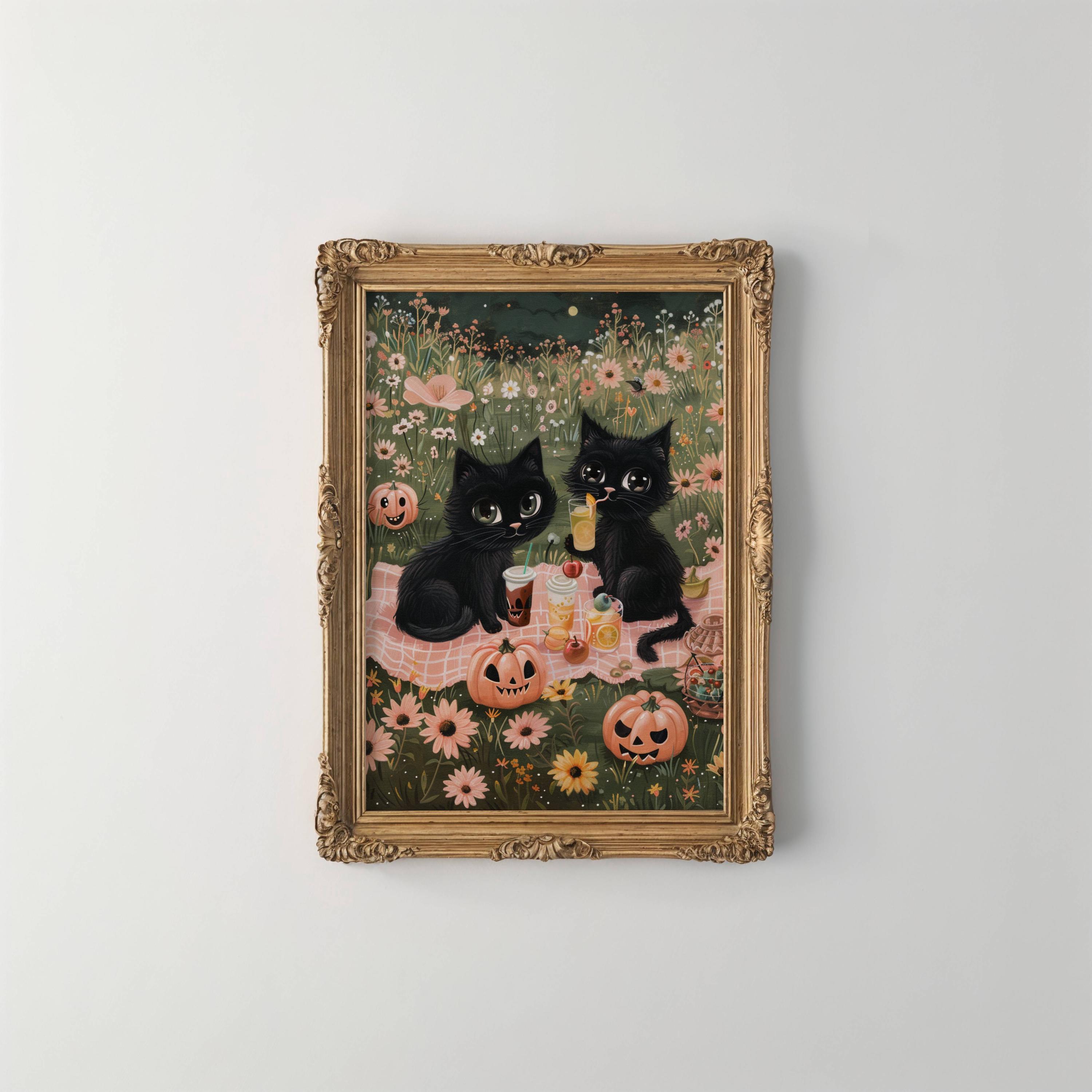 Summerween Adorable Black Cats Halloween Picnic Pumpkin Flowers