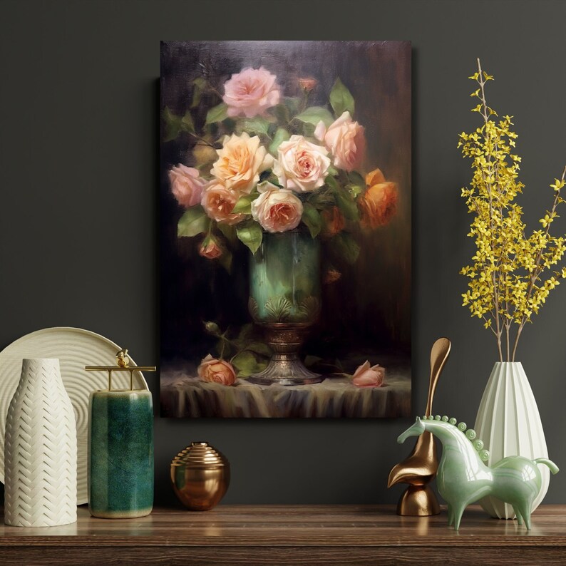 Antique Style Pink Roses in Vase Canvas Print - Victorian Floral Wall ...