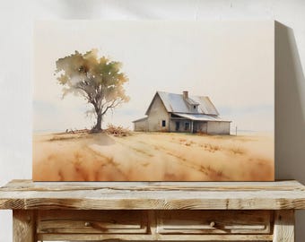 Modern Rustic Farmhouse Landscape Canvas Wall Art Print - Watercolor Painting Decor