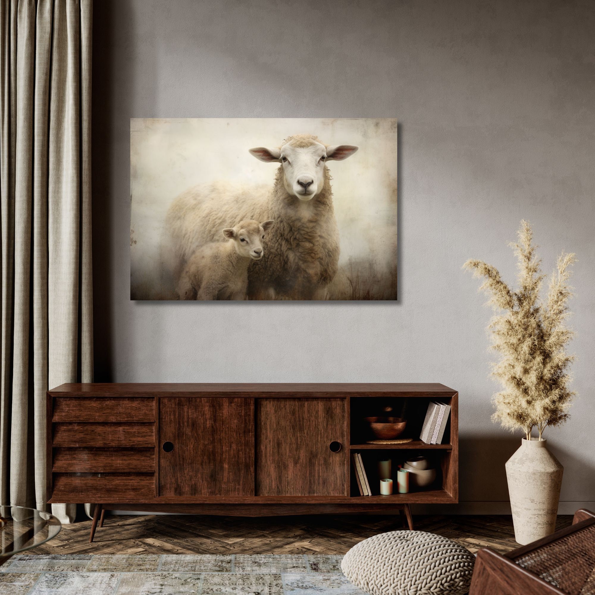 Antique Mother Sheep & Lamb | Farmhouse Animal Art Vintage Oil Painting ...