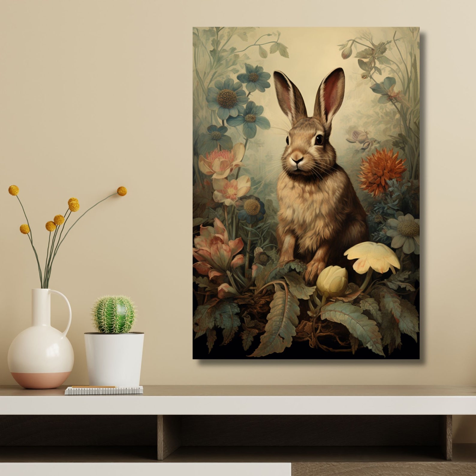 Vintage Cottagecore Enchanting Rabbit Floral Canvas Botanical Gallery ...