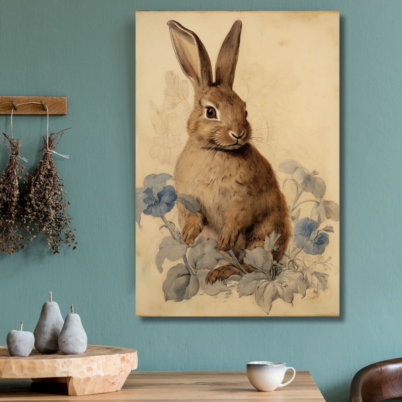 Cottagecore Vintage Bunny Painting Floral Rabbit Portrait Canvas ...
