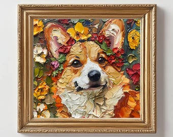 Può includere: Un dipinto di un cane corgi che indossa una corona di fiori. Il cane è dipinto in uno stile realistico con pennellate spesse. Lo sfondo è un'immagine sfocata di fiori colorati.
