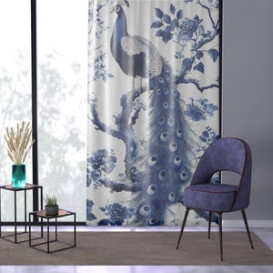 Chic Peacock Chinoiserie Curtains - Floral Drapery - Blue White Toile - 50&quot; x 84&quot; - Asian-Inspired Window Treatment - Asian Inspired Decor