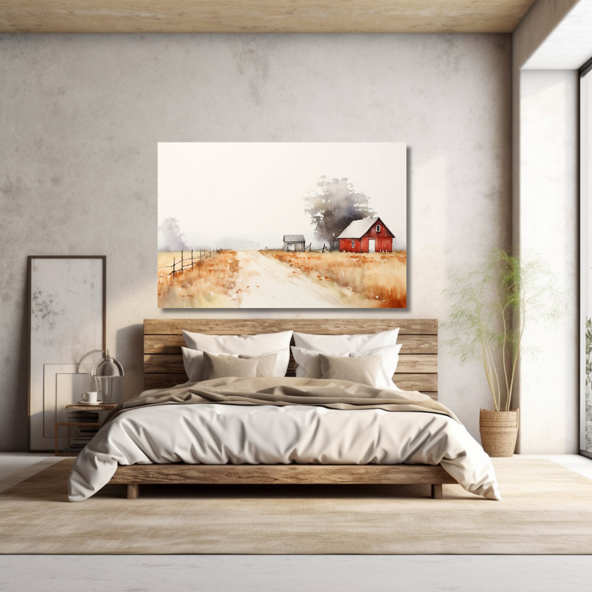 Modern Farmhouse Landscape Canvas Art Print - Watercolor Painting for ...