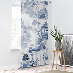 Chinoiserie Curtain - Blue White Toile - 50&quot; x 84&quot; - Asian-Inspired Window Treatment - Chinese Village Design - Elegant Asian Inspired Decor