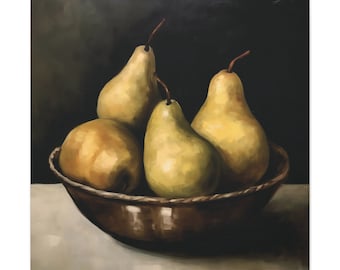 May include: Four ripe yellow pears in a brown woven basket on a white surface. The pears are arranged in a cluster, with the stems pointing upwards. The basket is made of woven material and has a dark brown finish.