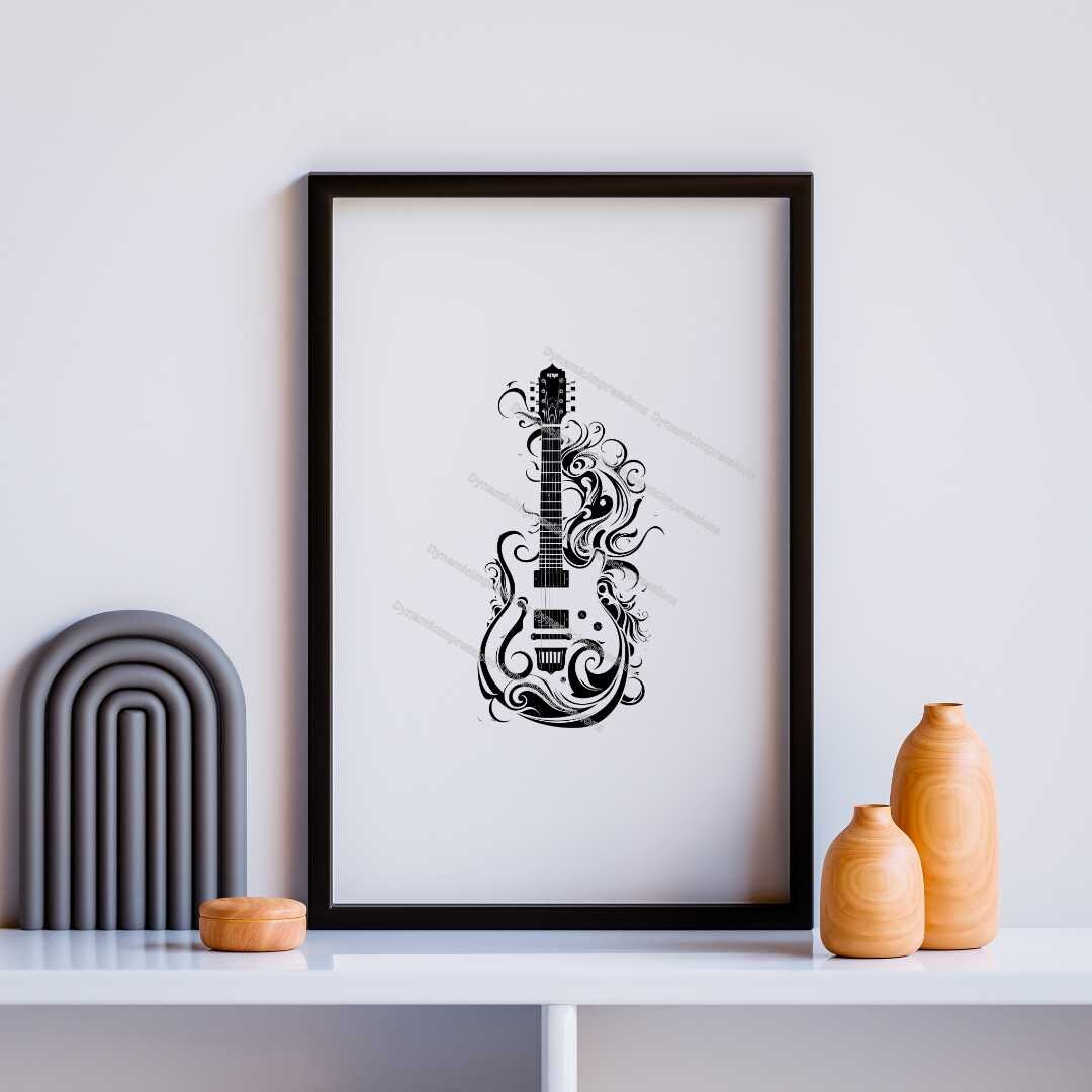 Fanciful Electric Guitar Clip Art | Black Outline | Instant