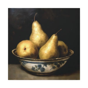 Enchanting Cottagecore Pears Oil Painting - Kitchen Wall Decor - Rustic Wall Art - Farmhouse Artwork - Still Life Fine Art Canvas Print