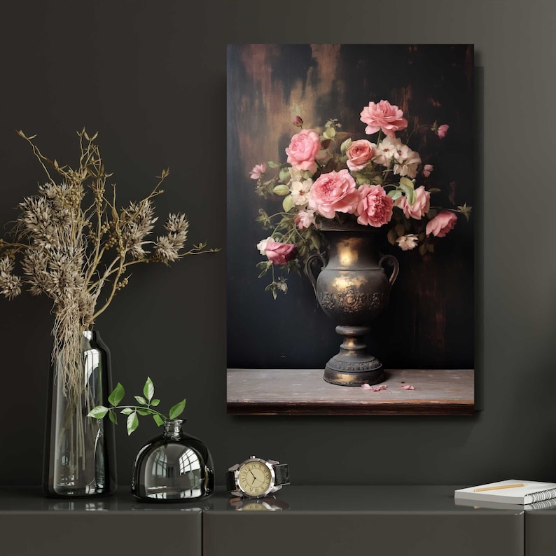 Vintage Dark Moody Victorian Still Life Pink Floral Roses Oil Painting ...