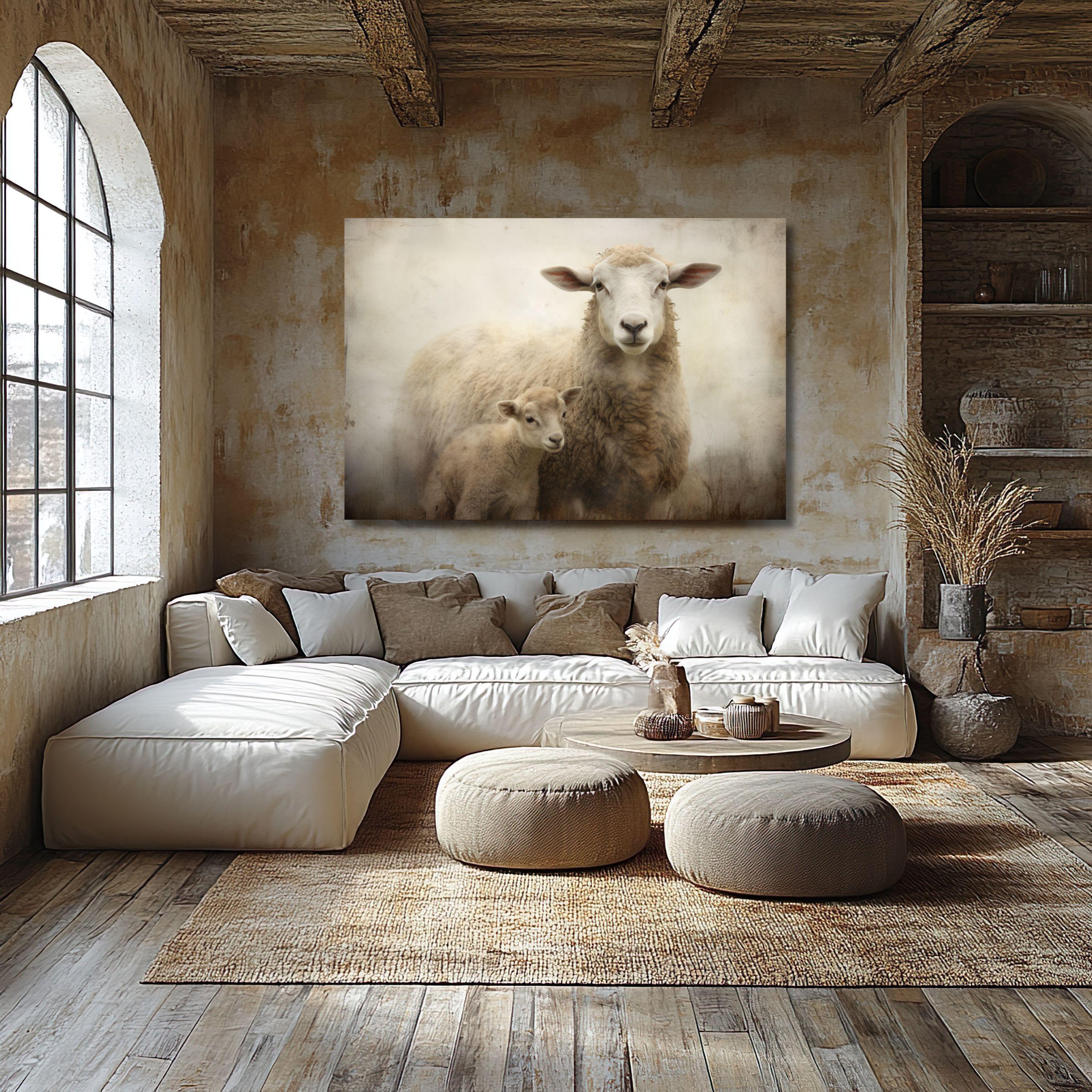 Antique Mother Sheep & Lamb II | Farmhouse Animal Art Vintage Oil ...