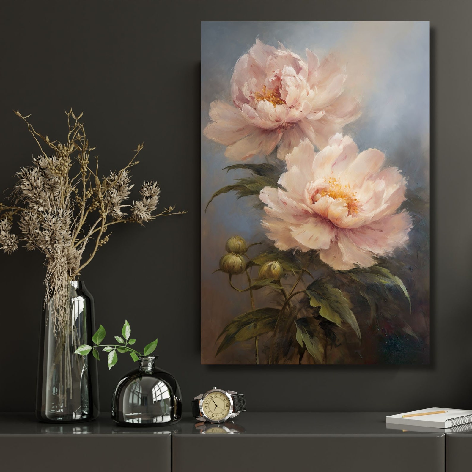 Vintage Pink Peonies Canvas Print - Floral Still Life Art - Pink Floral ...