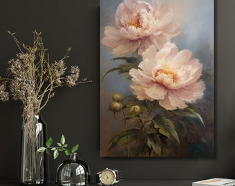 Vintage Pink Peonies Canvas Print - Floral Still Life Art - Pink Floral Still Life - Floral Peony Painting Print