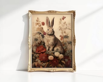 Stampa senza cornice "Cottagecore Floral Bunny" - Arte murale botanica vintage