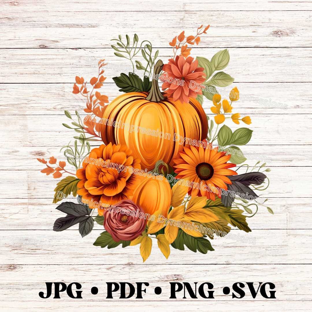 Vibrant Fall Harvest Floral Pumpkin SVG Clip Art | Instant Download Svg ...
