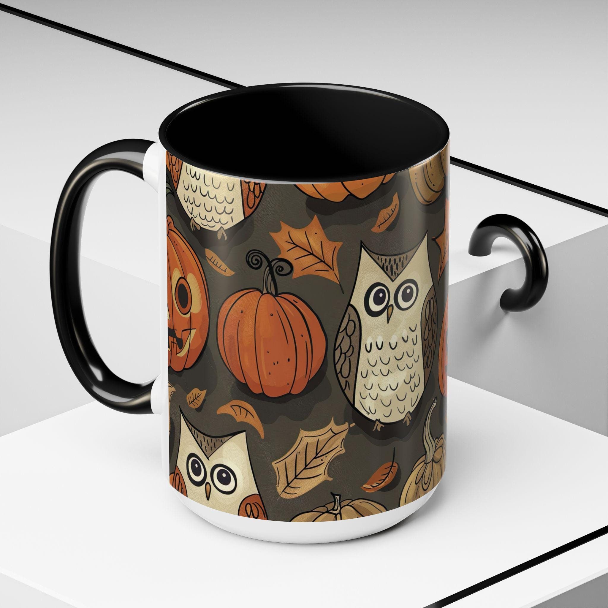 Halloween Owl Mug - Whimsical Halloween Fall Design - Jack O Lanterns & Autumn Leaves - 11 and 1