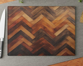 Chevron glazen snijplank houtnerf stijl - maten 8 x 11" en 11 x 15" - rustiek keukendecor - chevron snijplank