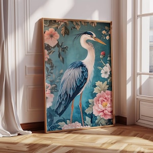 Victorian Chinoiserie Wall Art - Blue Heron Print - Bird Art - Floral Art Print - Elegant Unframed Wall Decor