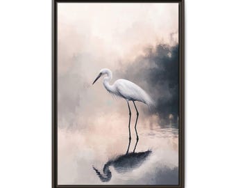 Ingelijste canvasafdruk zilverreiger staande in Misty Lake - espresso, wit, zwart Lijstopties