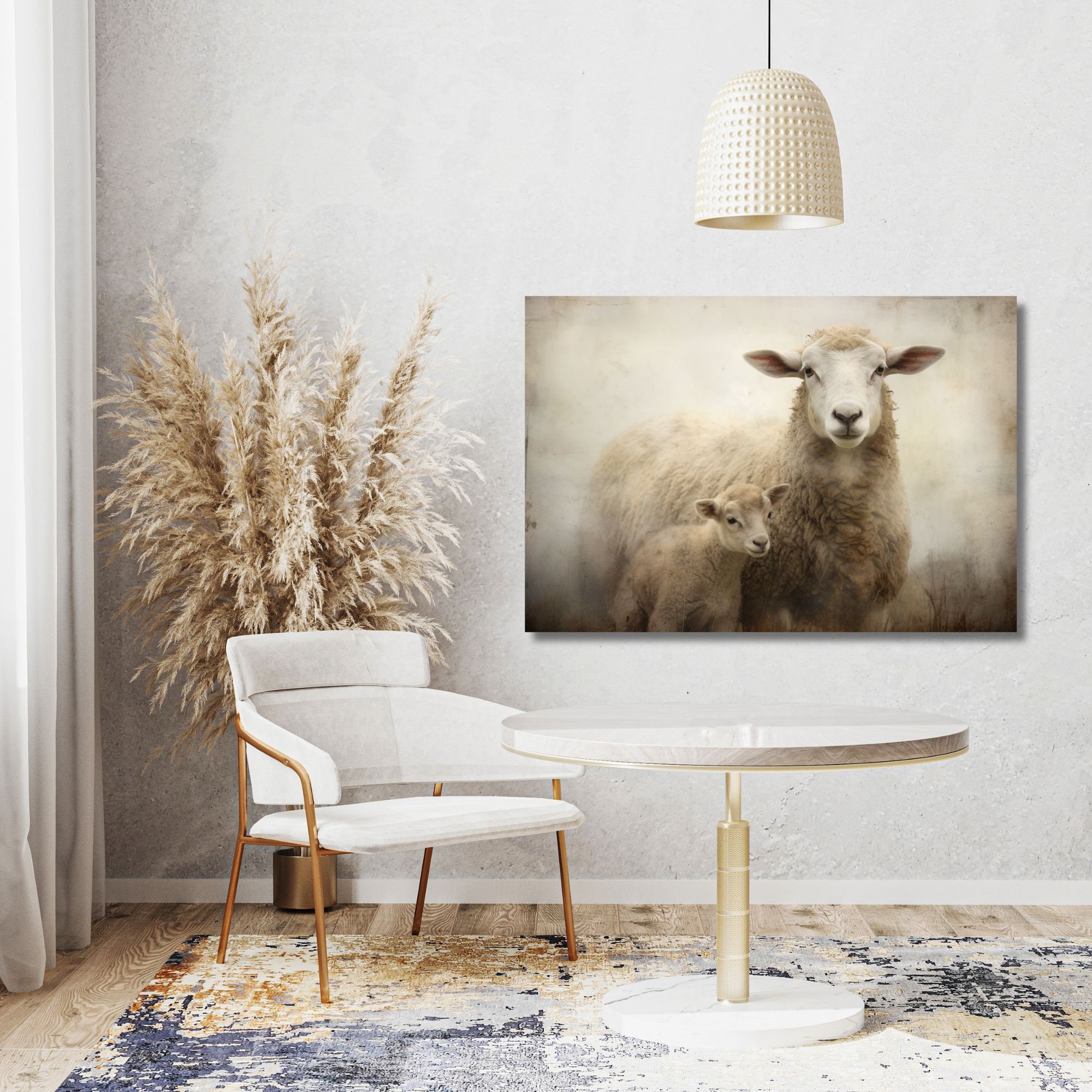 Antique Mother Sheep & Lamb | Farmhouse Animal Art Vintage Oil Painting ...